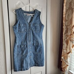 Denim Button-Front Sleeveless Dress - Blue